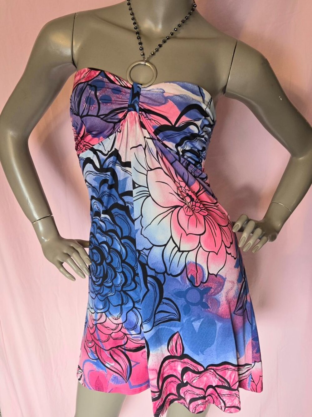 Vibrant Pink & Blue Floral Strapless Dress - Size SM